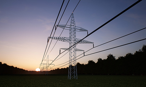 Industrial Energy Tower with Overhead Power Line